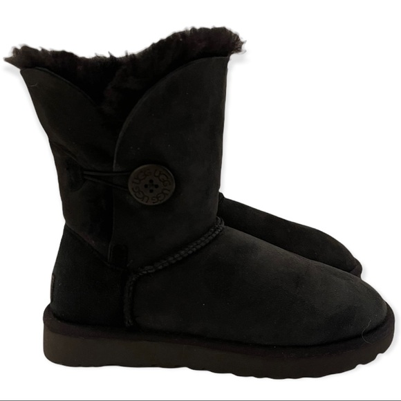 UGG Bailey Button II Boot Sheepskin Black Leather Winter Boot Mini Fluff - Picture 11 of 12